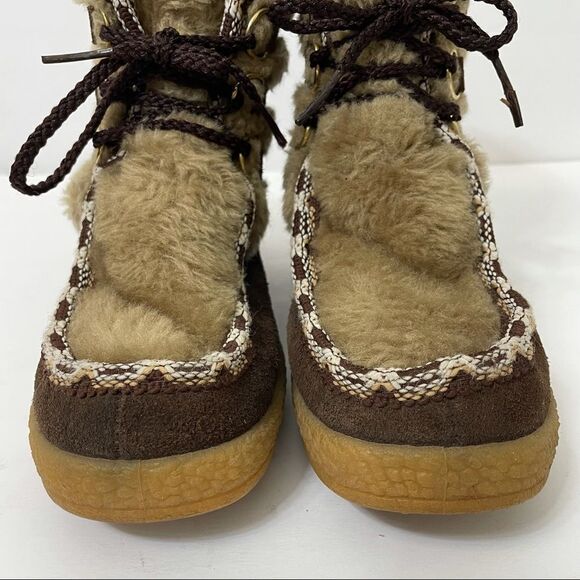 Quoddy Brown Suede Faux Fur Wool Lined Lace Up Moccasin Boots - Picture 12 of 15
